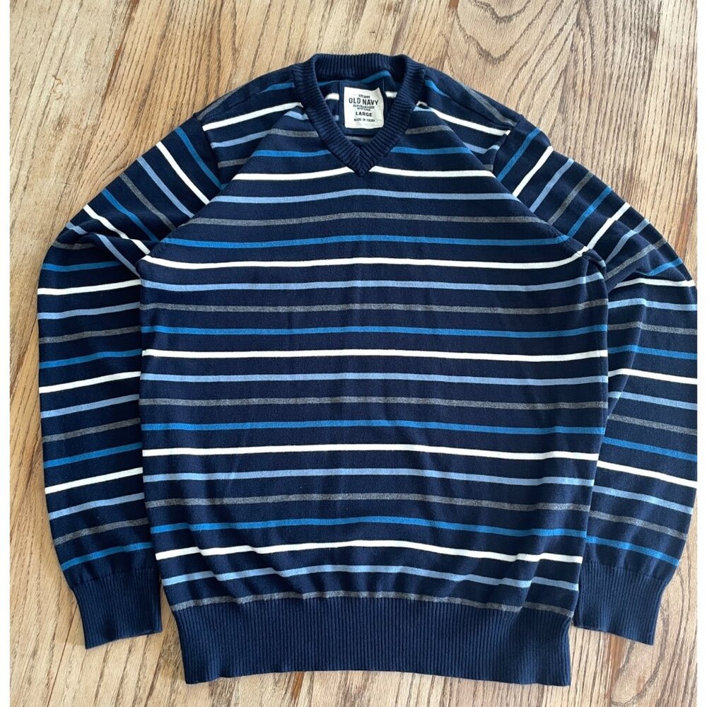 Old Navy V-Neck Sweater Mens L Navy Stripe Tight Knit Lightweight